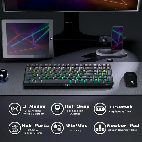 Vista 5 de RK ROYAL KLUDGE Teclado mecánico RK100 2.4G inalámbricoBluetoothcon cable RGB, 100 teclas, 3 modos conectables, teclado para juegos con interruptor
