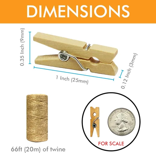 Vista 3 de Mini pinzas de madera con cordel de yute, 250 piezas, pinzas de papel fotográfico de 1 pulgada con cordel natural de 66 pies para álbumes