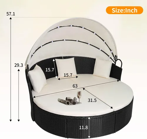 Vista 7 de Sofá cama redondo de mimbre para exteriores, muebles de patio con toldo retráctil, sofá seccional de ratán separado, color caqui, lavable, acolchado