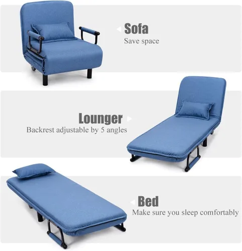 Vista 3 de Cama convertible con sofá cama triple 3 en 1 con almohada, diván plegable de ocio con respaldo ajustable de 5 ángulos, cama perezosa tapizada