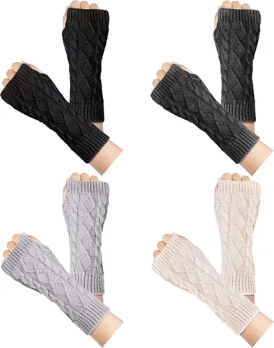 Vista 11 de Loritta Guantes sin dedos para mujer, calentadores de brazos con orificio para el pulgar de invierno de punto y ganchillo A1-beige/gris claro/gris
