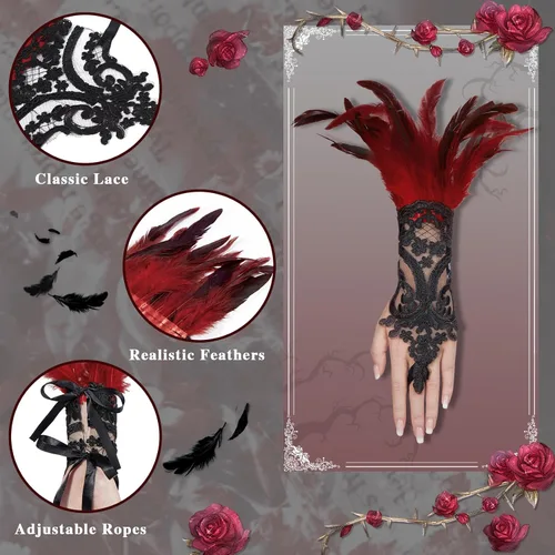 Vista 5 de Komorebi Guantes largos de encaje con plumas de Halloween para mujer, guantes de encaje para disfraz de bruja, guantes de codo de malla