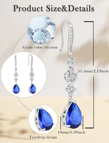 Vista 6 de Aretes colgantes de lágrima grande de boda con piedras natales de 0.394 x 0.551 in, aretes largos de plata de ley para mujer, regalos de joyería