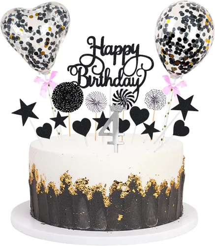 Vista 8 de Daimay Decoración de pastel de cumpleaños negra con purpurina acrílica para decoración de pastel de cumpleaños número 14 con globos de confeti