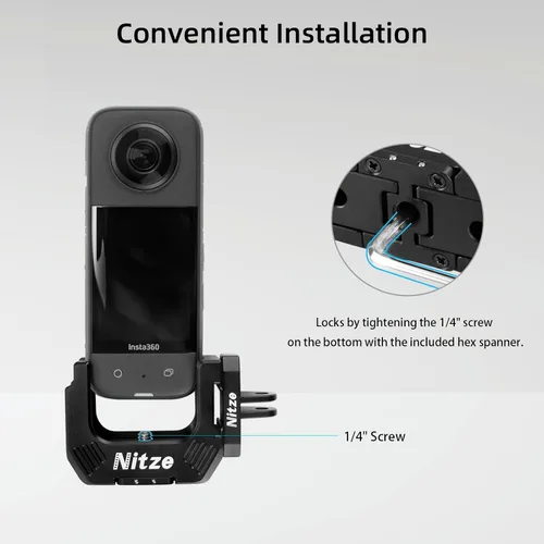 Vista 6 de Nitze Media jaula para Insta360 X3, con agujeros roscados de 1/4" y agujeros de ubicación, zapatas frías dobles y adaptadores de dedo plegables