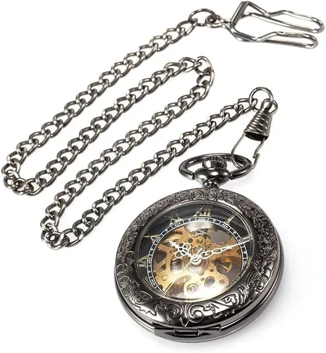 Vista 3 de Steampunk esqueleto mecánico de cobre Fob Retro reloj de bolsillo, Negro -, Mecánico