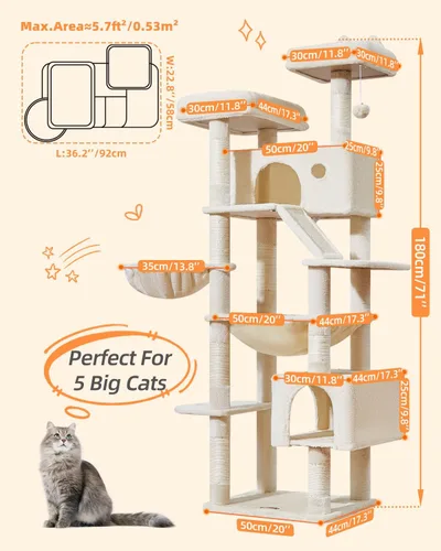 Vista 96 de Taoqimiao Árbol para gatos de 57.5 pulgadas, torre para gatos de interior para adultos, condominio extragrande para gatos, 8 postes rascadores