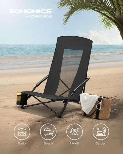 Vista 3 de SONGMICS Juego de 2 sillas de playa portátiles para adultos, carga máxima de 330 lb cada una, respaldo alto, portavasos, ligeras, resistentes