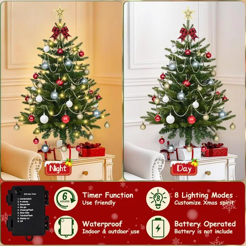 Vista 5 de Uspring Árbol de Navidad pequeño de 3 pies con luces, árbol de Navidad artificial de mesa con 50 luces LED y adornos colgantes de bricolaje, mini