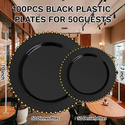 Vista 3 de supernal 100 piezas Platos de plástico negros y dorados, platos desechables negros, suministros de fiesta de Halloween que incluyen 50 platos