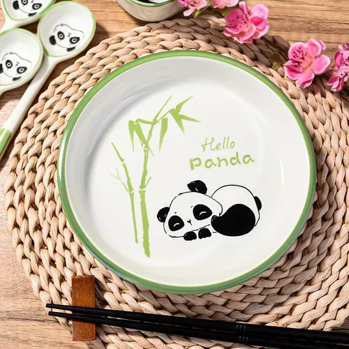 Vista 2 de Juego de 4 platos de cerámica para ensalada, platos decorativos con estampado de bambú de panda para sushi, postres, aperitivos, aptos