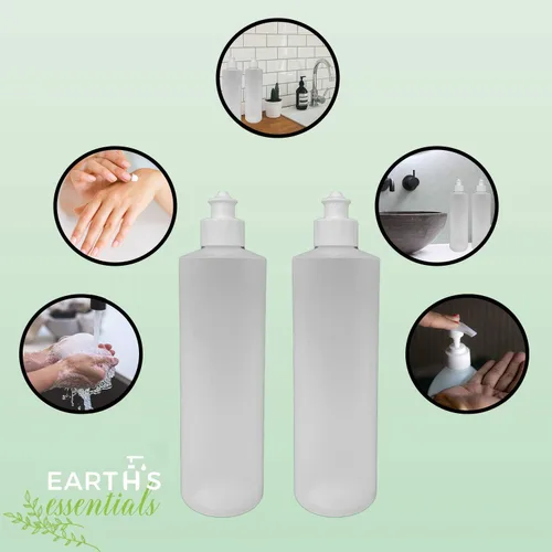 Vista 3 de Earth's Essentials Paquete de 2 Botellas Exprimibles Rellenables de 16 Onzas de HDPE con Tapas Dispensadoras Superiores con Botón Push/Pull
