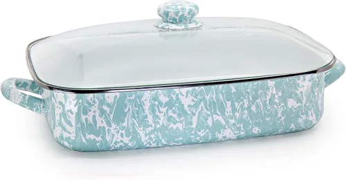 Vista 5 de Golden Rabbit Enamelware - Sartén para asar con tapa, 10.5 cuartos de galón, Black Swirl