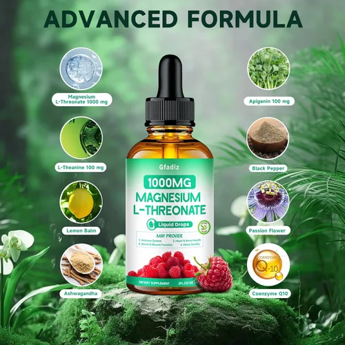 Vista 2 de L-treonato de magnesio 1000 mg, treonato de magnesio con teanina, apigenina y bálsamo de limón, magnesio líquido para la salud del cerebro, sueño