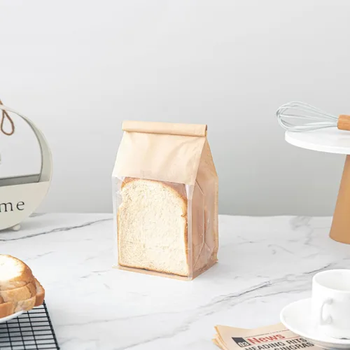 Vista 16 de 50 bolsas de pan con lazo de lata, bolsas para pan hechas de papel de algodón marrón, bolsa de embalaje de almacenamiento con ventana transparente