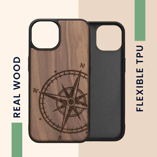 Vista 4 de kwmobile Funda de madera compatible con Apple iPhone 14, brújula de navegación, color marrón oscuro