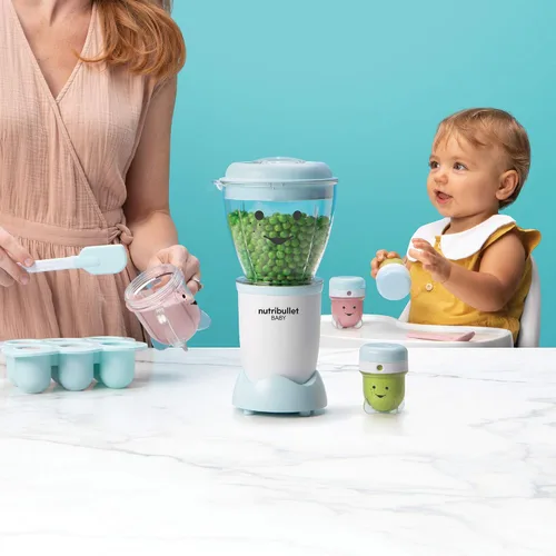 Vista 4 de NutriBullet NBY-50100 Sistema completo de fabricación de alimentos para bebés, 32 onzas, blanco, azul, transparente