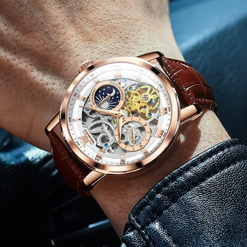 Vista 4 de OLEVS Relojes automáticos para hombre, esqueleto Tourbillon, cuerda automática, mecánica, correa de cuero auténtico, reloj de pulsera de lujo, sol