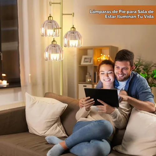 Vista 4 de ZECOXOL Lámparas de pie doradas para sala de estar dormitorio - Lámpara de pie de vidrio de 3 luces con tres bombillas LED, lámpara de pie alta