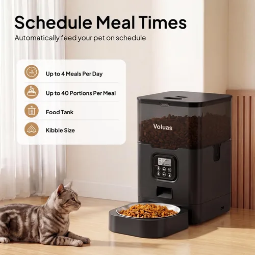 Vista 2 de VOLUAS Comedero automático para gatos, dispensador de alimentos secos con Negro transparente