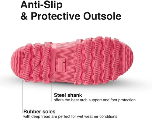 Vista 7 de TIDEWE Botas de goma para mujer con vástago de acero, botas de lluvia Negro Rosa