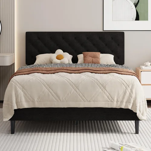 Vista 12 de BarnFurin Marco de cama tamaño completo con cabecero, cama de plataforma tapizada con cabecera acolchada con botones ajustables, marco de cama