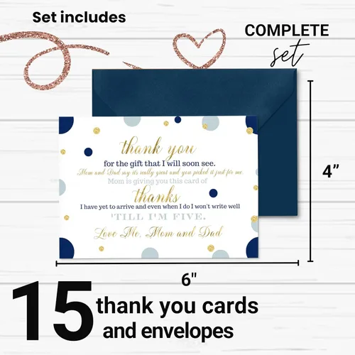 Vista 2 de Paper Clever Party Tarjetas de agradecimiento para baby shower azul marino y dorado con sobres, notas en blanco con mensaje precargado para niños