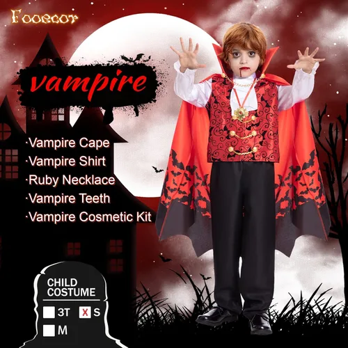 Vista 3 de Vampire Costume Kids Boy Medieval Scary Vampire Costume for Halloween Party, Vampire Teeth Cosmetic Kit IncludedBlack Red