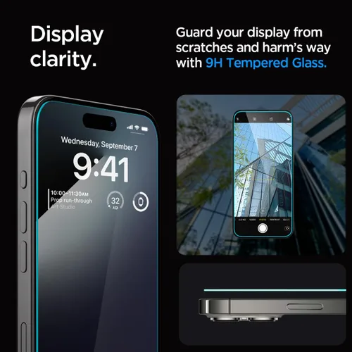 Vista 4 de Spigen Protector de pantalla de vidrio templado [GlasTR EZ FIT] diseñado para iPhone 15 Pro [compatible con carcasa] - Paquete de 2 9H Hardness