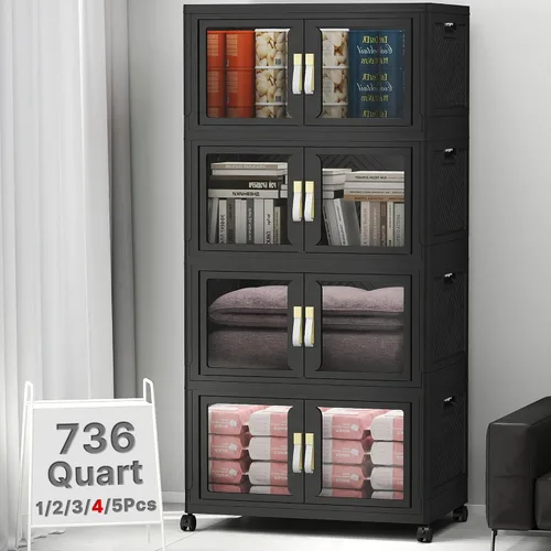 Vista 20 de Contenedor de almacenamiento apilable de 48 cuartos de galón con tapa, ruedas y puerta, organizador plegable de 12 galones para dormitorio, estudio