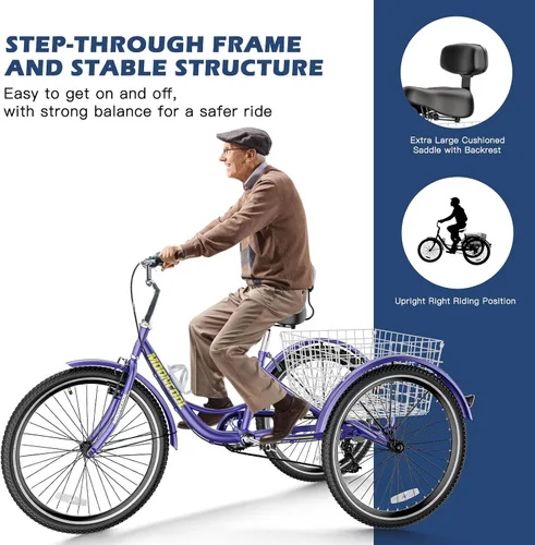 Vista 4 de Barbella Triciclos para adultos, 7 velocidades para adultos, bicicletas de 3 ruedas de 20/24/26 pulgadas, bicicleta de crucero con cesta