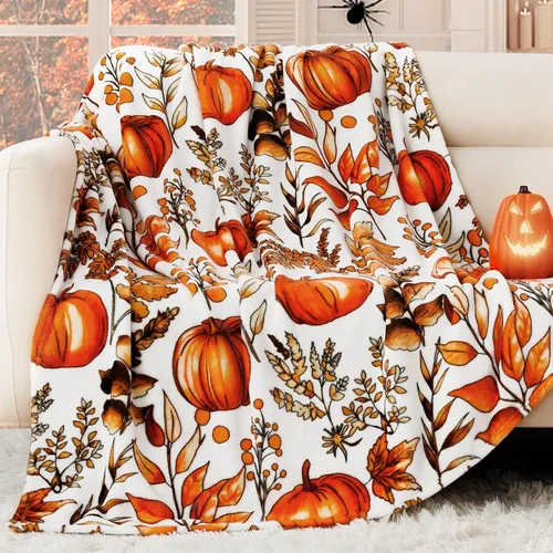 Vista 3 de ROMROL Manta de Halloween, manta de otoño, mullida, acogedora, suave, hojas de calabaza, manta de franela de felpa de forro polar, decoración