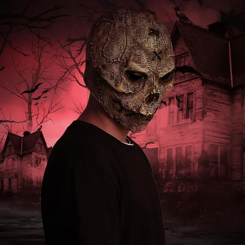 Vista 4 de Máscara de calavera de terror, máscara de calavera de arpillera para Halloween, cara de fantasma, disfraz de Halloween, carnaval, accesorios de látex