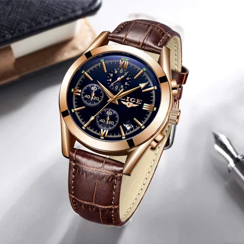 Vista 2 de LIGE Reloj analógico de cuero para hombre, reloj de pulsera de cuarzo, para citas, negocios, casual, impermeable, reloj deportivo, color negro