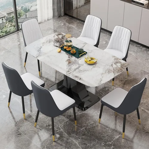 Vista 29 de Moderno juego de mesa de comedor para 4, mesa de vidrio de 63 pulgadas y base de MDF, mesa de comedor de mármol sintético negro con 4 sillas Mesa