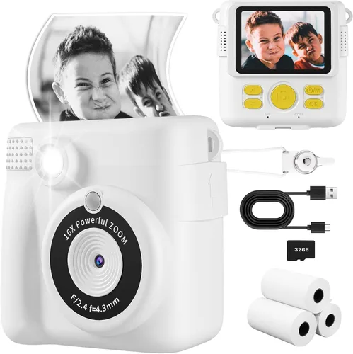 Vista 11 de Cámara para niños con impresión instantánea, cámara segura para niños pequeños, pantalla de 2.4 pulgadas, 1080P con zoom 16X, tarjeta TF de 32GB