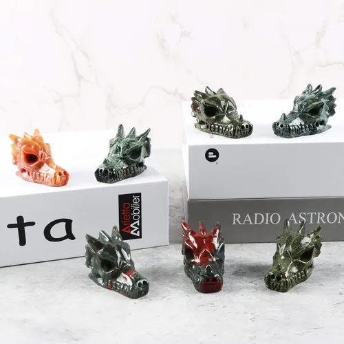 Vista 5 de SMQ Estatua de calavera de cabeza de dragón de cristal de 2 pulgadas, tallada a mano, piedra de sangre de África, piedras preciosas realistas