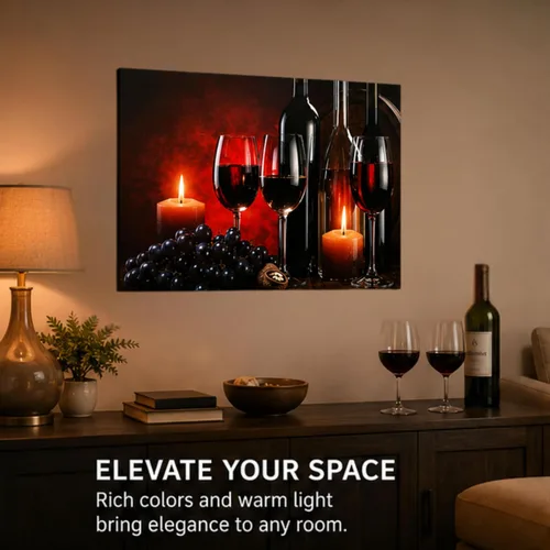 Vista 4 de Arte de pared LED de vino con luces, copas de vino tinto, velas y uvas, decoración de pared en lienzo iluminado, funciona con pilas, para colgar