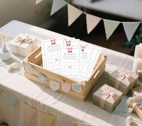 Vista 5 de Cherry Baby Shower - Juego de bingo para 30 invitados con tarjetas de juego, revelación de género, suministros y decoraciones para baby shower (DV35)