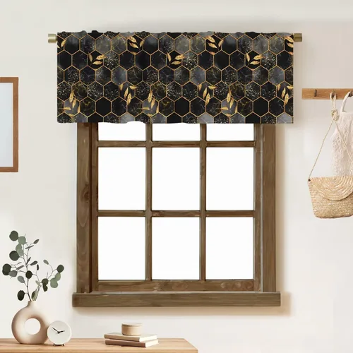 Vista 13 de Cortina de cenefa de mármol verde con venas doradas de mármol negro, diseño abstracto de lujo, elegante cenefa con bolsillo para barra, 1 panel