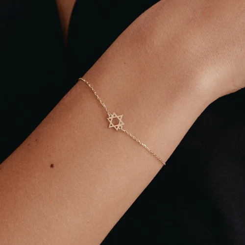Vista 2 de Pulsera de oro sólido de 14 quilates con estrella de David para mujer, pulsera cristiana de oro real de 14 quilates, pulsera de protección de oro