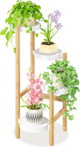 Vista 8 de LASZOLA Soporte de bambú blanco de 3 niveles resistente para plantas en interiores, estante vertical alto de múltiples niveles para esquina estrecha