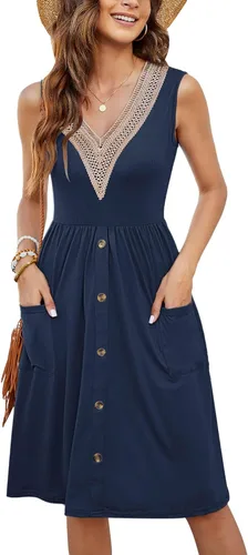 Vista 11 de MOLERANI Vestido de verano para mujer, sin mangas, estilo casual, suelto, con vuelo, botones, midi, con bolsillos 01-beja Blue
