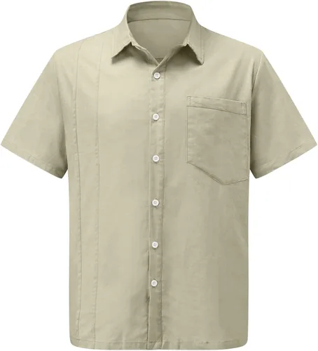 Vista 2 de Camisa de manga corta para hombre, de verano, para campamento cubano, guayabera, de lino, algodón, hippie, playa, con botones
