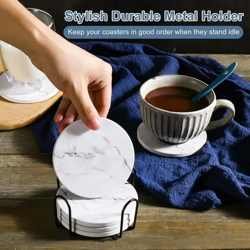 Vista 5 de Posavasos absorbentes para bebidas, juego de 6 posavasos de cerámica con soporte, posavasos duraderos para mesa de café con base de corcho