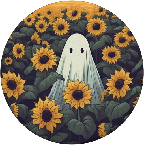 Vista 3 de Retro Ghost Girasol Diseño Floral Halloween Mujeres Graphic PopSockets PopGrip Estándar