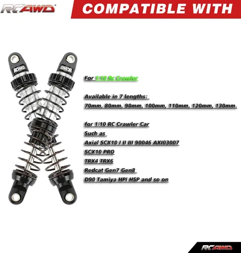 Vista 2 de RCAWD 7075 Amortiguadores de 80mm Universales para 1/10 RC Crawler, Mejoras para SCX10 I II III Pro 90046 AXI231017 TRX4 TRX6 Redcat D90 MST RC Negro
