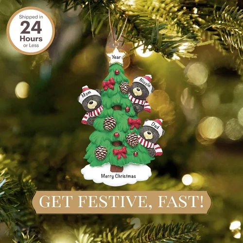 Vista 2 de Adorno personalizado de familia de 3 2025 Personalización gratuita las 24 horas Adornos de Navidad de oso negro para árbol Recuerdo