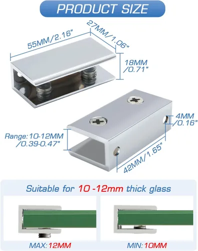 Vista 3 de Alise Soporte de ducha ajustable para estante de vidrio, soporte de abrazadera rectangular resistente para estantes de vidrio de 0.394-0.472 in