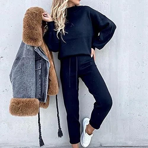 Vista 5 de EOPUING Conjunto deportivo de 2 piezas para mujer, para otoño e invierno, sudadera atlética de gran tamaño para descansar y descansar